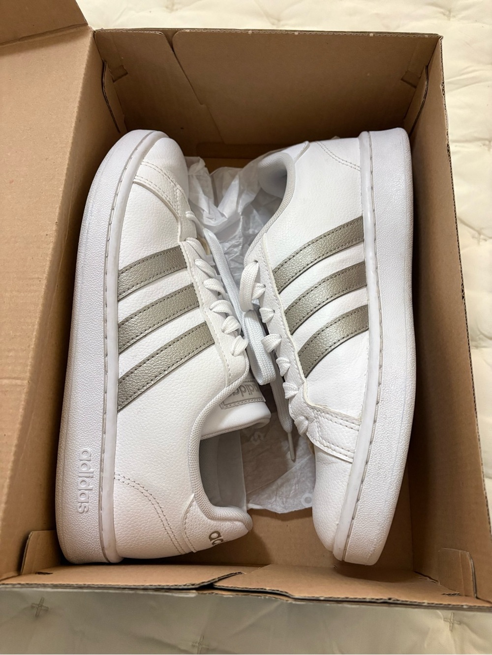 adidas White Sneakers with Gray Stripes